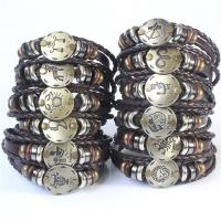 Bracelets de cuir de vachette, Cuir de vachette pleine fleur, avec corde de cire & bois & alliage de zinc, 12 Signes du Zodiaque, fait à la main, trois couches & bijoux de mode & styles différents pour le choix & pour femme, brun, 60mm cm, Vendu par PC