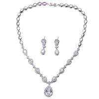 Zircon Micro Pave alliage de zinc cubes Parures, boucle d'oreille & collier, larme, Placage de couleur platine, pavé de micro zircon & pour femme, 2.1cm,3.1cm cm, Vendu par fixé