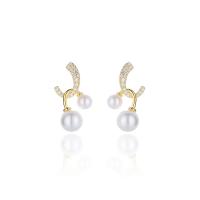 Silver Earring Zircon pavent Sterling, Argent sterling 925, avec Shell Pearl, Placage, bijoux de mode & pavé de micro zircon & pour femme, plus de couleurs à choisir 5-7.5mm, Vendu par paire