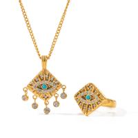 Evil Eye Jewelry Set, 304 Stainless Steel, with Malachite, with 2.17inch extender chain, 18K gold plated  & for woman & with cubic zirconia, golden, 30.5mm,16.6mm Approx 16.34 Inch 