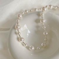 Sterling Silver Jewelry Necklace, 925 Sterling Silver, with Glass Pearl, silver color plated, fashion jewelry & for woman Approx 15.7 Inch 