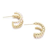 Brass Stud Earring, with Plastic Pearl, real gold plated, for woman, golden 