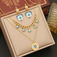 Evil Eye Jewelry Set, 304 Stainless Steel, bracelet & earring & necklace, with turquoise, with 1.96lnch extender chain, plated, micro pave cubic zirconia & enamel, gold Approx 15.74 Inch 