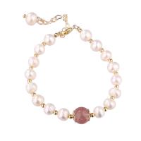 Zink Legierung Perlen Armbänder, Natürliche kultivierte Süßwasserperlen, mit Strawberry Quartz & Zinklegierung, goldfarben plattiert, Modeschmuck & für Frau, zwei verschiedenfarbige, Länge:20-23 cm, verkauft von Strang