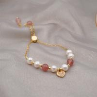 Kultivierten Süßwasser Perle Messing Armband, mit Natürliche kultivierte Süßwasserperlen & Strawberry Quartz, vergoldet, Modeschmuck & für Frau, zwei verschiedenfarbige, 7mm, Länge:20-26 cm, verkauft von PC