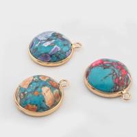 Impression Jasper Pendants, with Brass, Flat Round, gold color plated, fashion jewelry & DIY 