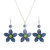 Schmuck Geschenk Sets, Acryl, Ohrring & Halskette, mit Kunststoff Perlen, mit Verlängerungskettchen von 5CM, Blume, Drucken, Modeschmuck & für Frau, blau, 35x65mm, Länge:ca. 57.5 cm, verkauft von setzen