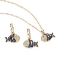 Cubic Zirconia Micro Pave Brass Jewelry Sets, earring & necklace, Fish, real gold plated, micro pave cubic zirconia & for woman 