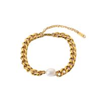 Bracelets de perles, Acier inoxydable 304, avec perle d'eau douce cultivée, avec 1.97inch chaînes de rallonge, Plaqué or 18K, bijoux de mode & pour femme, doré Environ 6.69 pouce, Vendu par brin