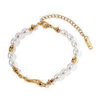 Joyas de perlas de vidrio de pulseras, acero inoxidable 304, con Perlas de vidrio, con 2.17inch extender cadena, 18K chapado en oro, Joyería & para mujer, dorado, longitud:aproximado 6.3 Inch, Vendido por Sarta