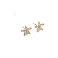 Brass Earring Stud Component, Flower, plated, DIY & micro pave cubic zirconia, golden 