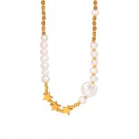 Collar de la joyería de titanio, Partículas de acero, con Perlas cultivadas de agua dulce, con 2.76inch extender cadena, Estrella, chapado en color dorado, para mujer, longitud:aproximado 15 Inch, Vendido por UD