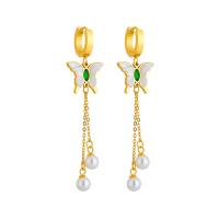 Boucles d'oreilles en acier titane, avec coquille & perle de plastique, papillon, Placage, bijoux de mode & pour femme & avec strass, doré, 70mm, Vendu par paire