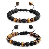 Tiger Eye Stone Bracelets, with Lava, Round, Unisex & adjustable 8mm Approx 18-26 cm 