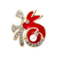 Broche de diamantes de imitación de la aleación de Zinc, con Perlas plásticas, chapado en color dorado, Joyería & unisexo & esmalte & con diamantes de imitación, Rojo, 33x36mm, Vendido por UD