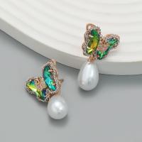 Pendiente de aleación de cinc con perlas plásticas, aleación de zinc, con rhinestone de acrílico & Perlas plásticas, Mariposa, Joyería & para mujer, más colores para la opción, 23x21mm, Vendido por Par