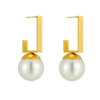 Boucles d'oreilles en acier titane, avec perle de plastique, Plaqué or 18K, bijoux de mode & pour femme, doré, 40mm, Vendu par paire