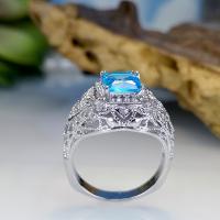 Zinc Alloy Finger Ring, with Cubic Zirconia, Square, silver color plated, fashion jewelry & Unisex & micro pave cubic zirconia & hollow, blue 