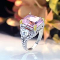 Zinc Alloy Finger Ring, with Cubic Zirconia, Rectangle, platinum color plated, fashion jewelry & for woman, pink 