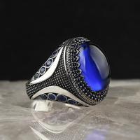 Zinc Alloy Finger Ring, with Glass, Oval, antique silver color plated, vintage & fashion jewelry & for man & with rhinestone, blue 