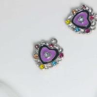 Colgantes de diamantes de imitación de la aleación de zinc, Corazón, chapado en color de plata, Bricolaje & esmalte & con diamantes de imitación, Púrpura, 17.9x20.2x4.3mm, Vendido por UD