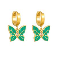 Boucles d'oreilles en acier titane, papillon, Placage, pour femme & émail & avec strass, vert Vendu par paire