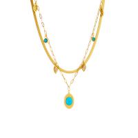 Collier de mode Multi couche, Acier titane, avec turquoise, avec 1.97inch chaînes de rallonge, Placage, Double couche & bijoux de mode & pour femme, doré Environ 15.75 pouce, Environ 16.93 pouce, Vendu par brin