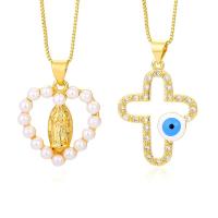 Collier Evil Eye bijoux, laiton, avec perle de plastique, avec 5CM chaînes de rallonge, Plaqué d'or, styles différents pour le choix & pavé de micro zircon & pour femme & émail, doré Environ 43 cm, Vendu par PC