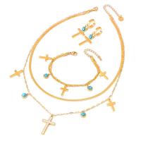 Titan-Stahl Schmuck-Set, Titanstahl, mit Türkis, mit Verlängerungskettchen von 1.97inch,1.57inch, Vakuum-Ionen-Beschichtung, Modeschmuck & verschiedene Stile für Wahl & für Frau, goldfarben, Länge:ca. 15.75 ZollInch, ca. 17.72 ZollInch, ca. 6.3 ZollInch, verkauft von PC