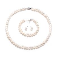 Ensembles de bijoux de perle d'eau douce en laiton, perle d'eau douce cultivée, Boucle d’oreille stud & Bracelet & collier, avec laiton, trois pièces & bijoux de mode & pour femme, blanc, 8-9mm Environ 40 cm, Environ 18 cm, Vendu par fixé