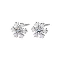 Sterling Silver Stud Earring, argent sterling 925, flocon de neige, Placage, bijoux de mode & pavé de micro strass & pour femme, argent, 6mm, Vendu par paire