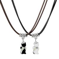 PU Collier Cordon, alliage de zinc, avec cordon en cuir, avec 1.97inch chaînes de rallonge, chat, 2 pièces & Double couche & unisexe Environ 17.32 pouce, Vendu par fixé