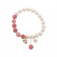 Quartz Bracelets, Strawberry Quartz, with Plastic Pearl & Zinc Alloy, Korean style & micro pave cubic zirconia & for woman Approx 6.7 Inch 