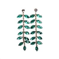 Pendientes Gota de Cristal, con aleación de zinc, Hoja, chapado en color dorado, Joyería & para mujer & con diamantes de imitación, cristal verde, 70mm, Vendido por Par