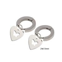 Aro aro gota pendiente, acero inoxidable 304, Corazón, Recubrimiento iónico al vacío, para mujer, plateado, 24x13x2mm, Vendido por Par