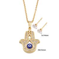 Evil Eye Ensemble de bijoux, Acier inoxydable 304, Boucle d’oreille stud & collier, avec laiton, Placage ionique sous vide, pavé de micro zircon & pour femme & émail, doré Environ 49.2 cm, Vendu par fixé