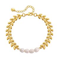 Kultivierten Süßwasser Perle Messing Armband, mit Natürliche kultivierte Süßwasserperlen, mit Verlängerungskettchen von 2.36inch, 18K vergoldet, Modeschmuck & für Frau, goldfarben, 5mm, Länge:ca. 6.49 ZollInch, verkauft von PC