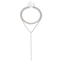 Collar de aleación de cinc con diamantes de imitación, aleación de zinc, con 3.9inch extender cadena, chapado en color de plata, Doble capa & para mujer, longitud:aproximado 14.5 Inch, aproximado 17.3 Inch, Vendido por UD