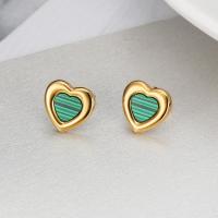 Boucles d'oreilles en acier titane, avec Malachite, coeur, Placage ionique sous vide, bijoux de mode & pour femme, doré Vendu par paire