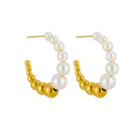 Boucles d'oreilles en acier titane, avec perle de plastique, Plaqué or 18K, bijoux de mode & pour femme, doré Vendu par paire