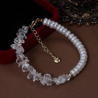 bracelet en laiton de perle d'eau douce cultivée, avec quartz clair & laiton, avec 4cm chaînes de rallonge, Placage de couleur d'or, bijoux de mode & pour femme, blanc, 6-7mm Environ 17 cm, Vendu par PC