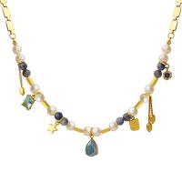 Collier de chaîne en laiton de perles d'eau douce, avec Pierre de verre & Acier titane & perle d'eau douce cultivée & Cristal naturel, Placage de couleur d'or, bijoux de mode & pour femme, multicolore cm, Vendu par brin