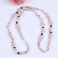 Collier de perles d'eau douce , perle d'eau douce cultivée, avec cristal & quartz rose & alliage de zinc, Placage de couleur argentée, bijoux de mode & pour femme & avec strass, couleurs mélangées, 8-9mm Environ 80 cm, Vendu par PC