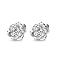 Pendiente de plata cubic zirconia Micro Pave Sterling, plata de ley 925, Flor, chapado, micro arcilla de zirconia cúbica & para mujer, color de platina, 7.2x7.2mm, Vendido por Par