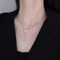 Zircon cubique Micro Pave collier en argent sterling, argent sterling 925, avec 5CM chaînes de rallonge, Noeud papillon, Placage, pavé de micro zircon & pour femme, couleur platine Environ 45 cm, Vendu par PC