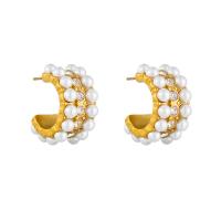 Boucles d'oreilles en acier titane, avec perle de plastique, Placage, bijoux de mode & pour femme & avec strass, doré, 15mm, Vendu par paire