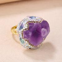 Bague en quartz, améthyste, avec tourmaline & laiton, Placage de couleur d'or, pour femme & avec strass, violet, Diamètre inté Environ 19mm, Vendu par PC