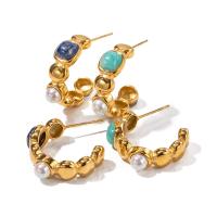 Stainless Steel Stud Earring, 304 Stainless Steel, with Lapis Lazuli & Shell Pearl & ​Amazonite​, 18K gold plated, fashion jewelry & for woman, golden 