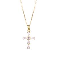 Cubic Zirconia Stainless Steel Necklace, 304 Stainless Steel, with 1.97inch extender chain, Cross, Vacuum Plating, fashion jewelry & micro pave cubic zirconia & for woman, golden Approx 15.75 Inch 