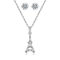 Cubic Zirconia Micro Pave Brass Jewelry Sets, Stud Earring & necklace, with Cubic Zirconia, with 2Inch extender chain, Eiffel Tower, silver color plated, fashion jewelry & for woman Approx 17 Inch 